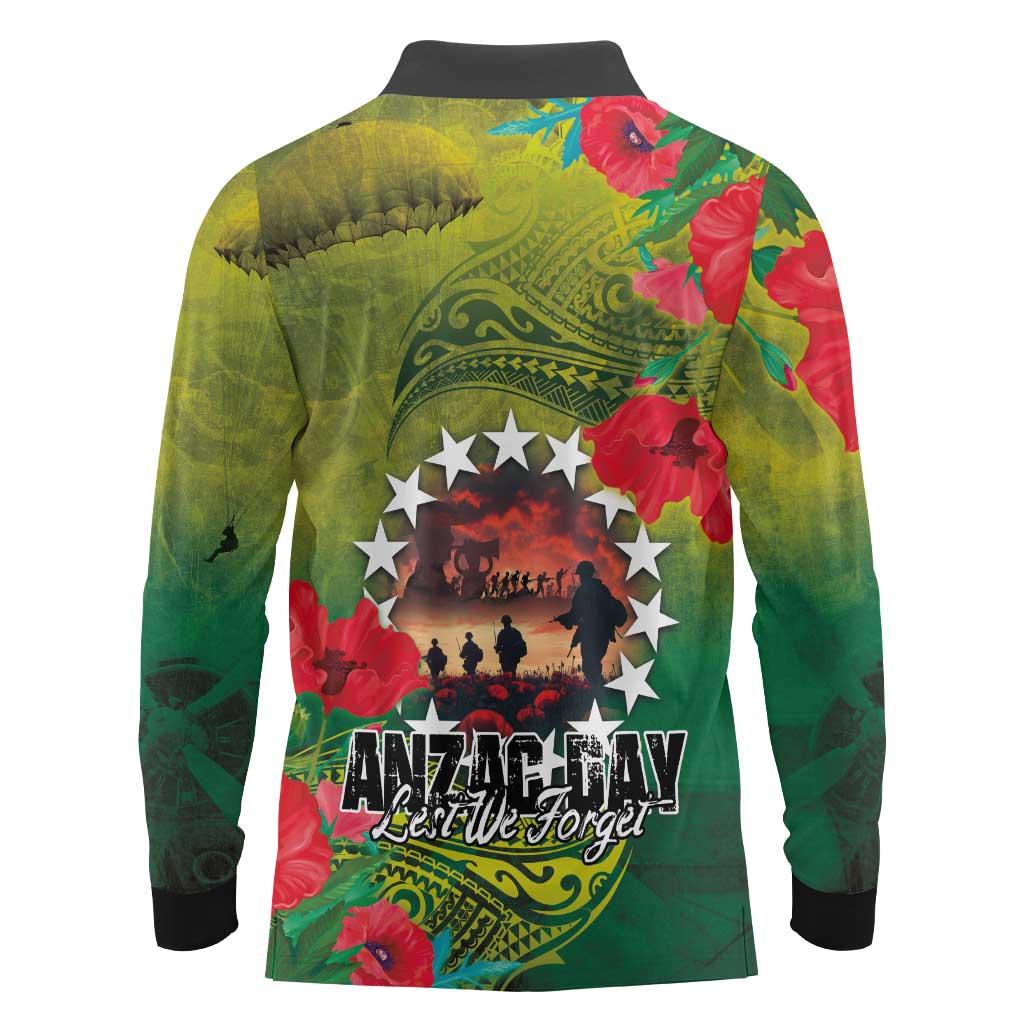 Cook Islands ANDAC Day Long Sleeve Polo Shirt Honor and Remember Soliders-Forever in My Thoughts Grunge Style