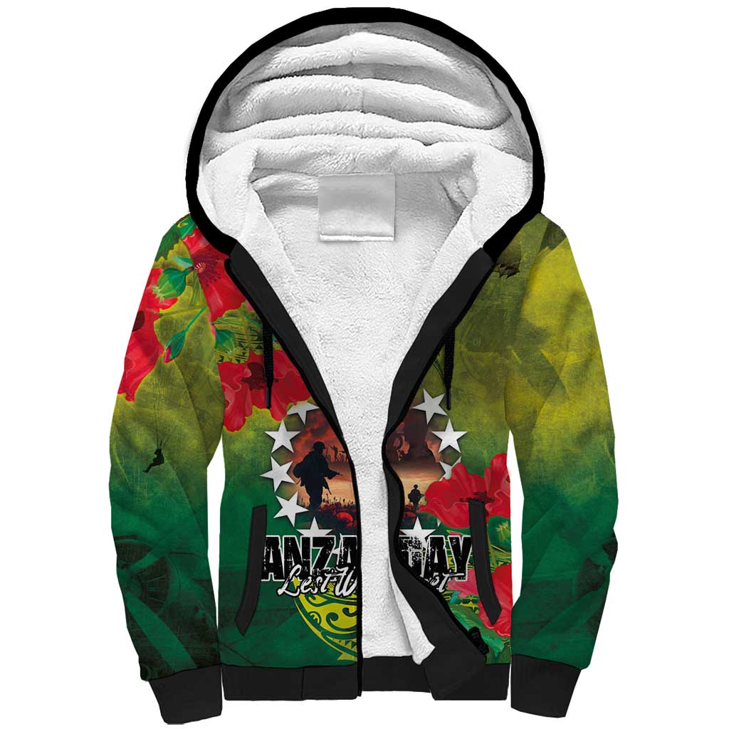 Cook Islands ANDAC Day Sherpa Hoodie Honor and Remember Soliders-Forever in My Thoughts Grunge Style LT03 Unisex Green-Yellow - Polynesian Pride