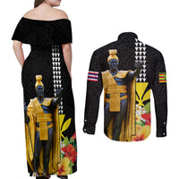 Hawaii King Kamehameha Day Couples Matching Off Shoulder Maxi Dress and Long Sleeve Button Shirt Kanaka Maoli Hibiscus Flower and Kakau Pattern