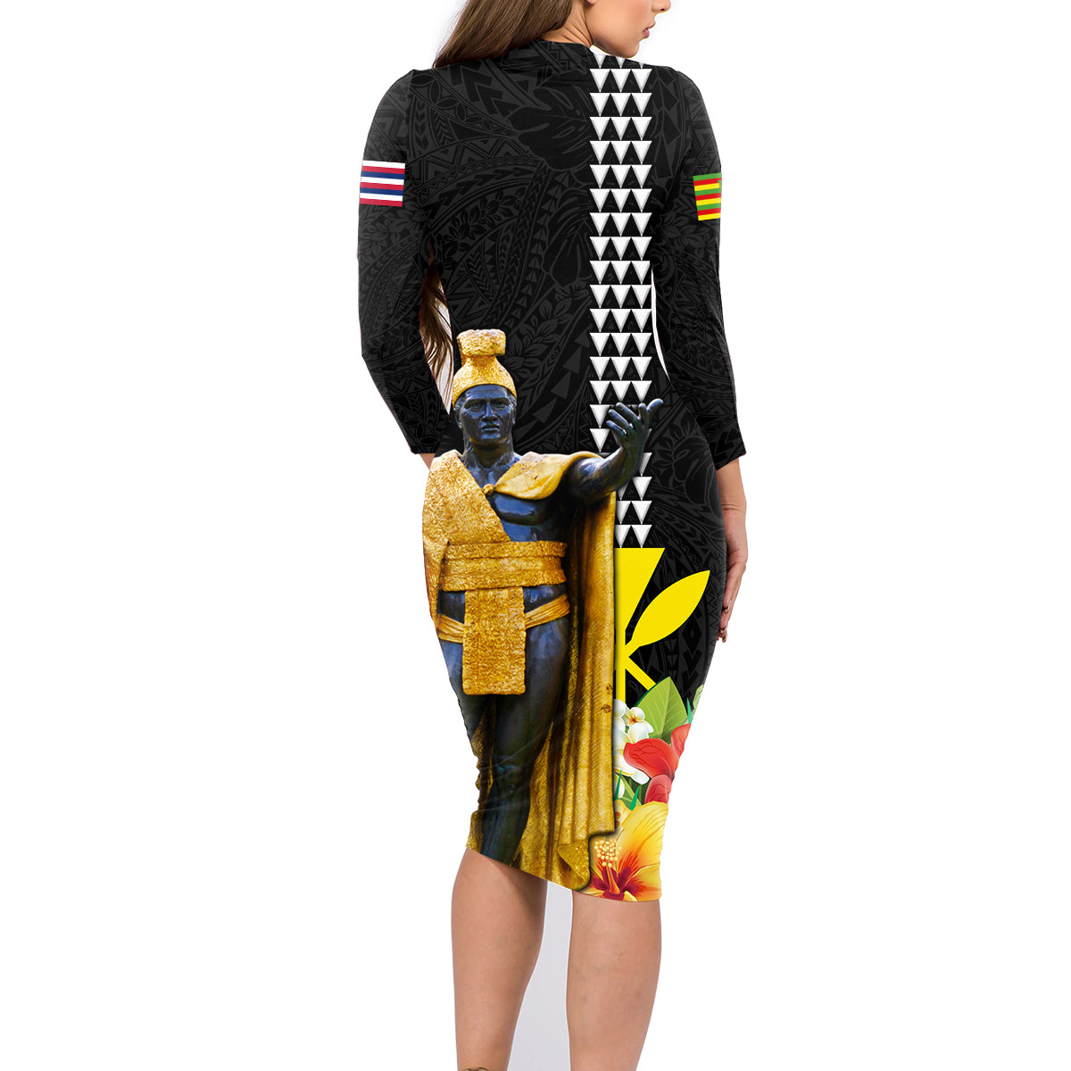 Hawaii King Kamehameha Day Family Matching Long Sleeve Bodycon Dress and Hawaiian Shirt Kanaka Maoli Hibiscus Flower and Kakau Pattern