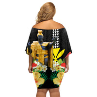 Hawaii King Kamehameha Day Family Matching Off Shoulder Short Dress and Hawaiian Shirt Kanaka Maoli Hibiscus Flower and Kakau Pattern