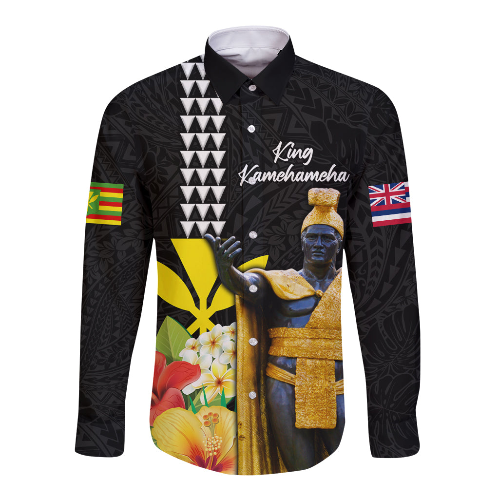 Hawaii King Kamehameha Day Long Sleeve Button Shirt Kanaka Maoli Hibiscus Flower and Kakau Pattern