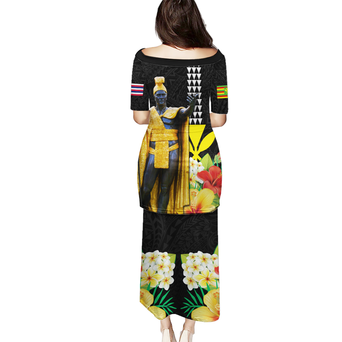 Hawaii King Kamehameha Day Puletasi Kanaka Maoli Hibiscus Flower and Kakau Pattern