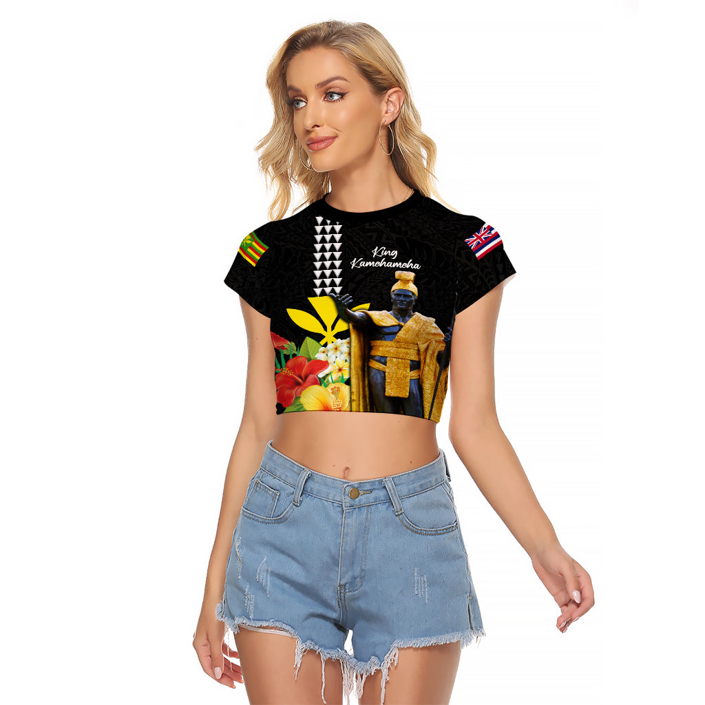 Hawaii King Kamehameha Day Raglan Cropped T Shirt Kanaka Maoli Hibiscus Flower and Kakau Pattern