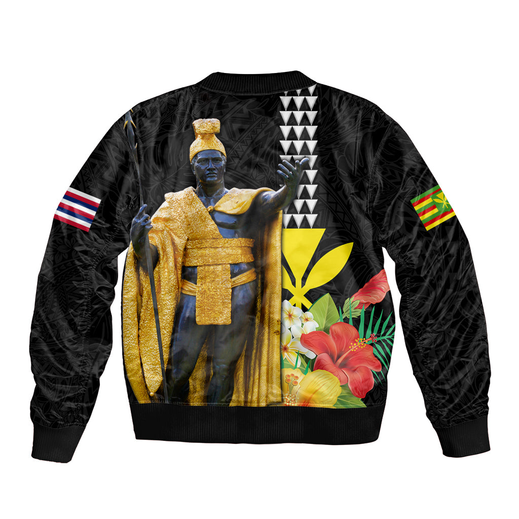 Hawaii King Kamehameha Day Sleeve Zip Bomber Jacket Kanaka Maoli Hibiscus Flower and Kakau Pattern