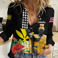 Hawaii King Kamehameha Day Women Casual Shirt Kanaka Maoli Hibiscus Flower and Kakau Pattern