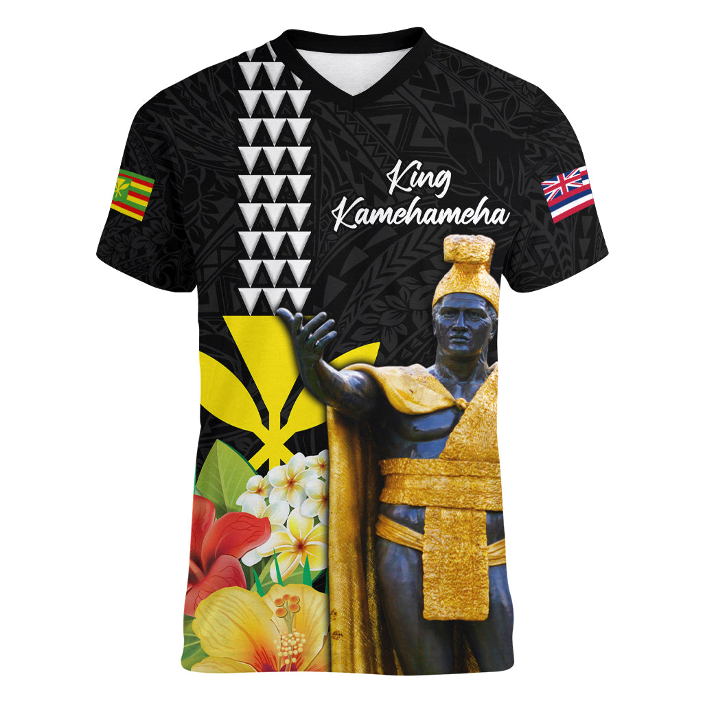 Hawaii King Kamehameha Day Women V-Neck T-Shirt Kanaka Maoli Hibiscus Flower and Kakau Pattern