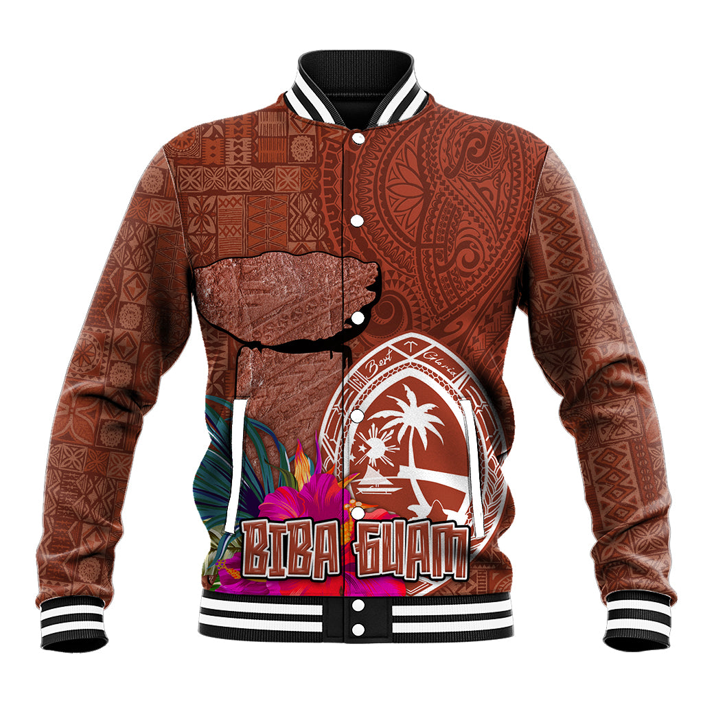 Chamorro Biba Guam Baseball Jacket Latte Stone Tribal and Hibiscus Flower Tapa Pattern