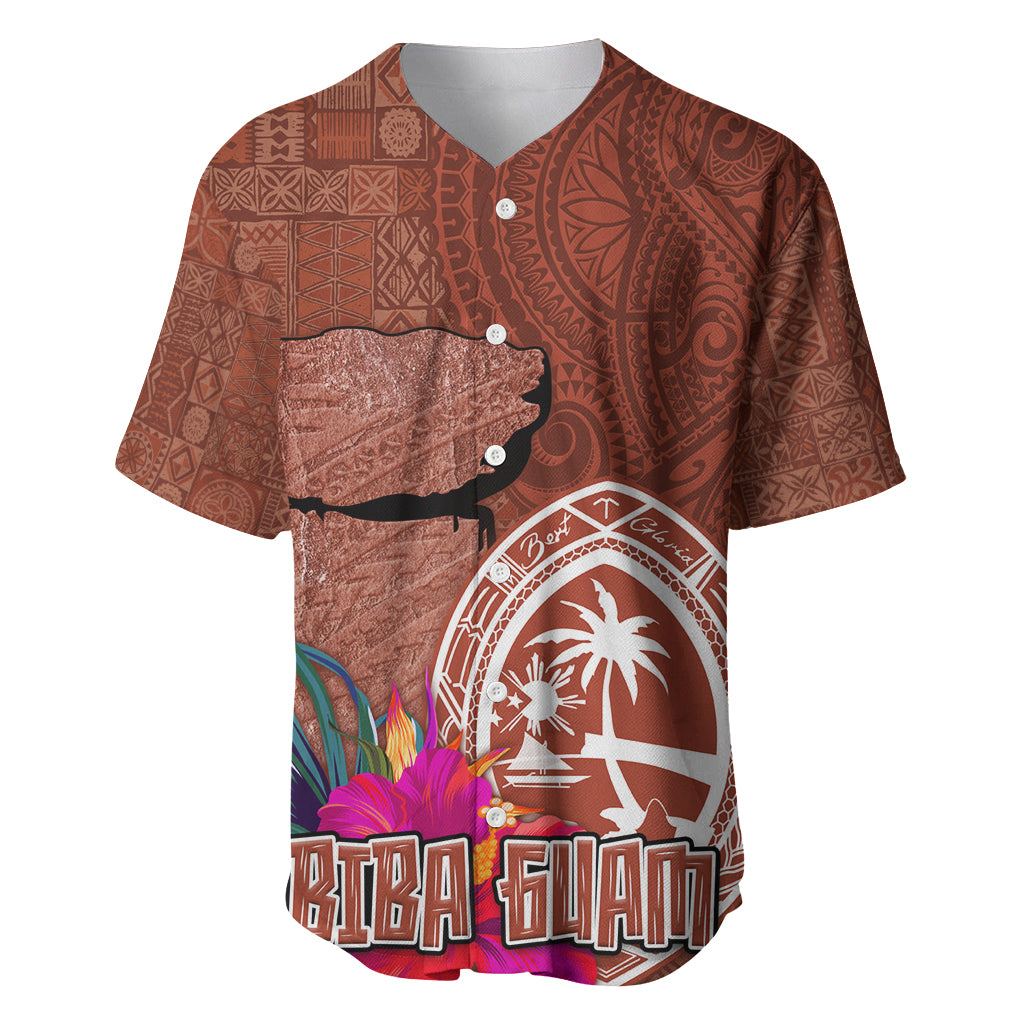 Chamorro Biba Guam Baseball Jersey Latte Stone Tribal and Hibiscus Flower Tapa Pattern