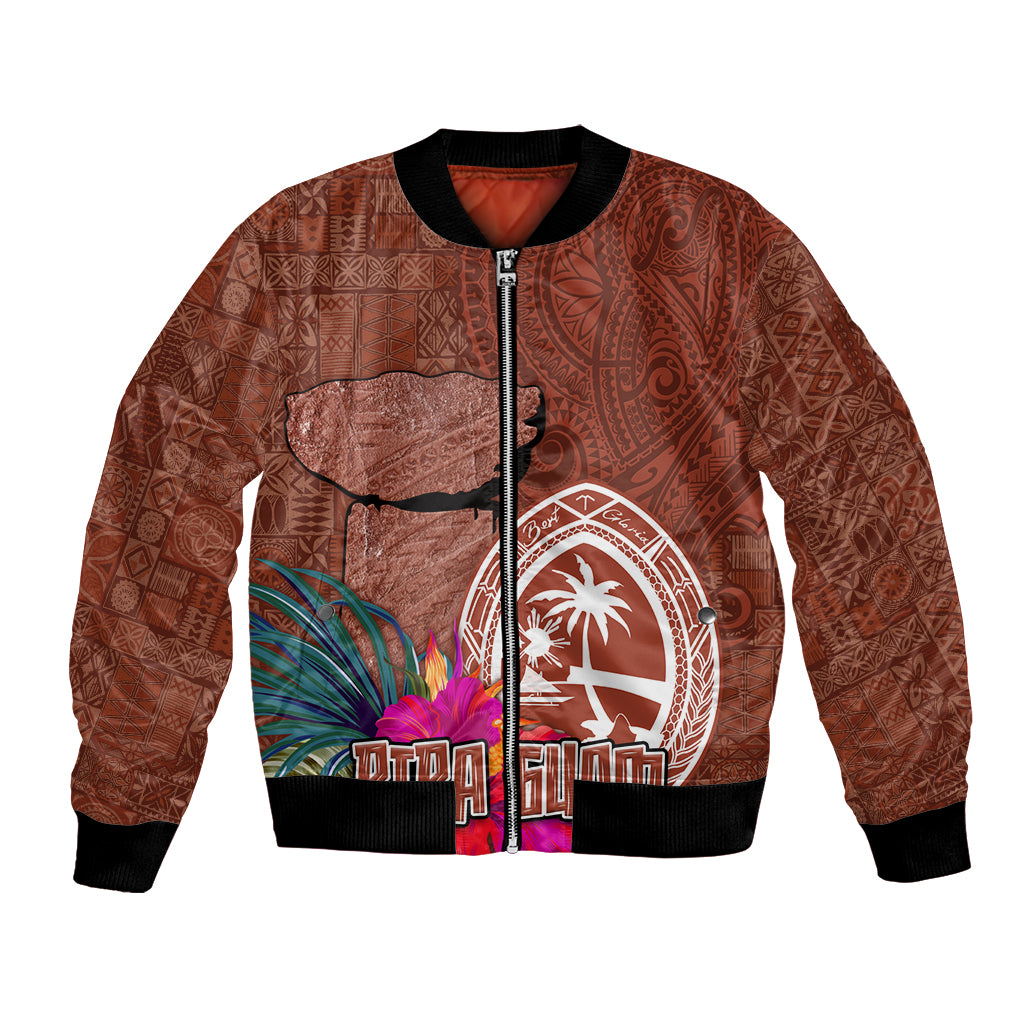 Chamorro Biba Guam Bomber Jacket Latte Stone Tribal and Hibiscus Flower Tapa Pattern