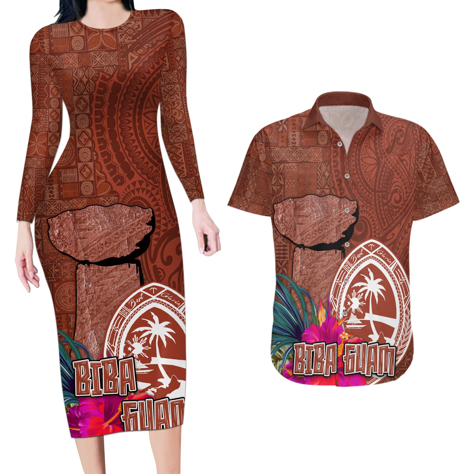 Chamorro Biba Guam Couples Matching Long Sleeve Bodycon Dress and Hawaiian Shirt Latte Stone Tribal and Hibiscus Flower Tapa Pattern