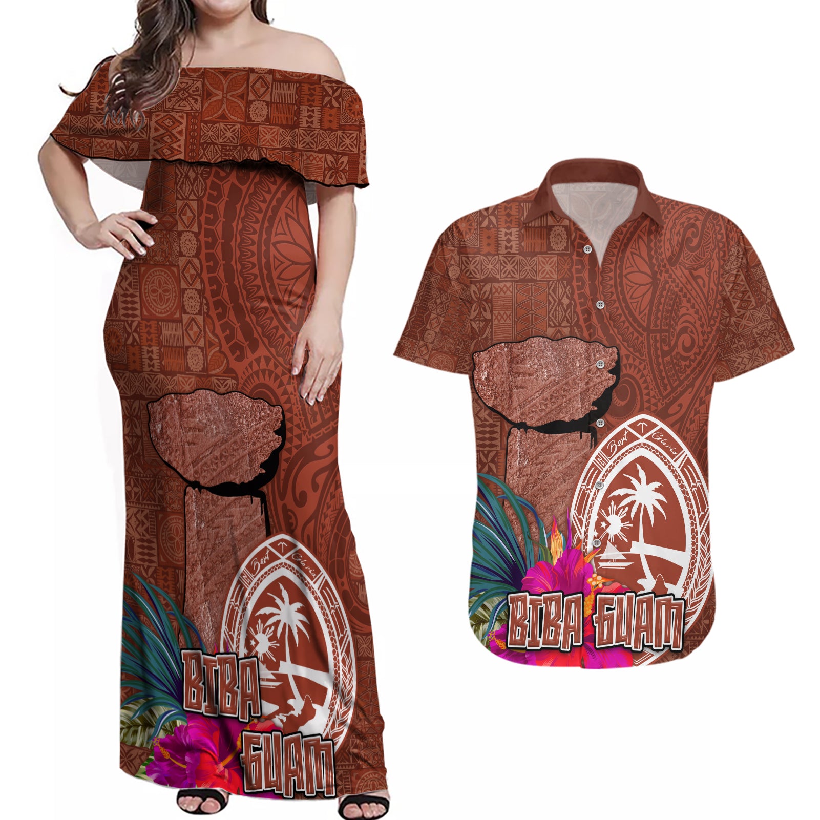 Chamorro Biba Guam Couples Matching Off Shoulder Maxi Dress and Hawaiian Shirt Latte Stone Tribal and Hibiscus Flower Tapa Pattern