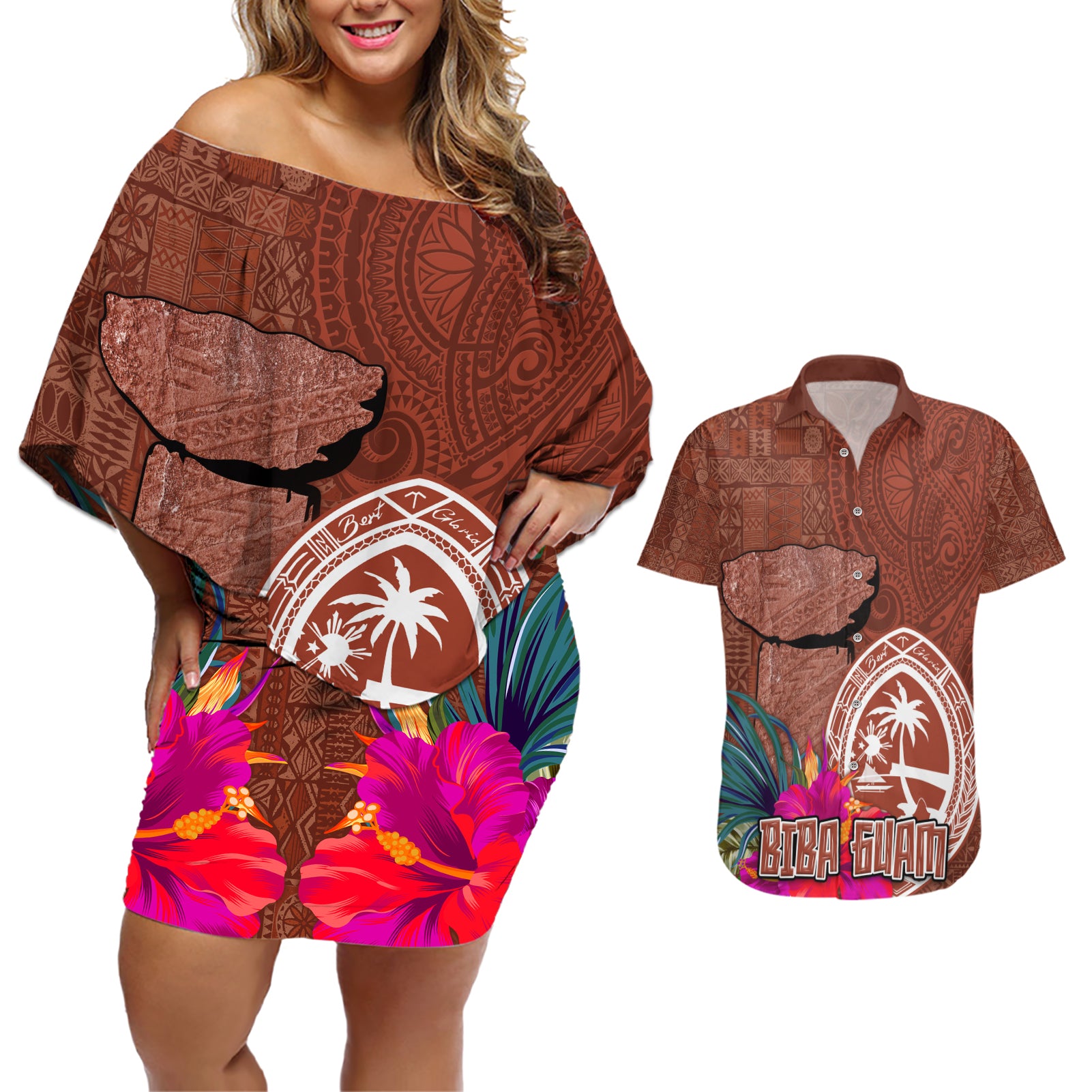 Chamorro Biba Guam Couples Matching Off Shoulder Short Dress and Hawaiian Shirt Latte Stone Tribal and Hibiscus Flower Tapa Pattern