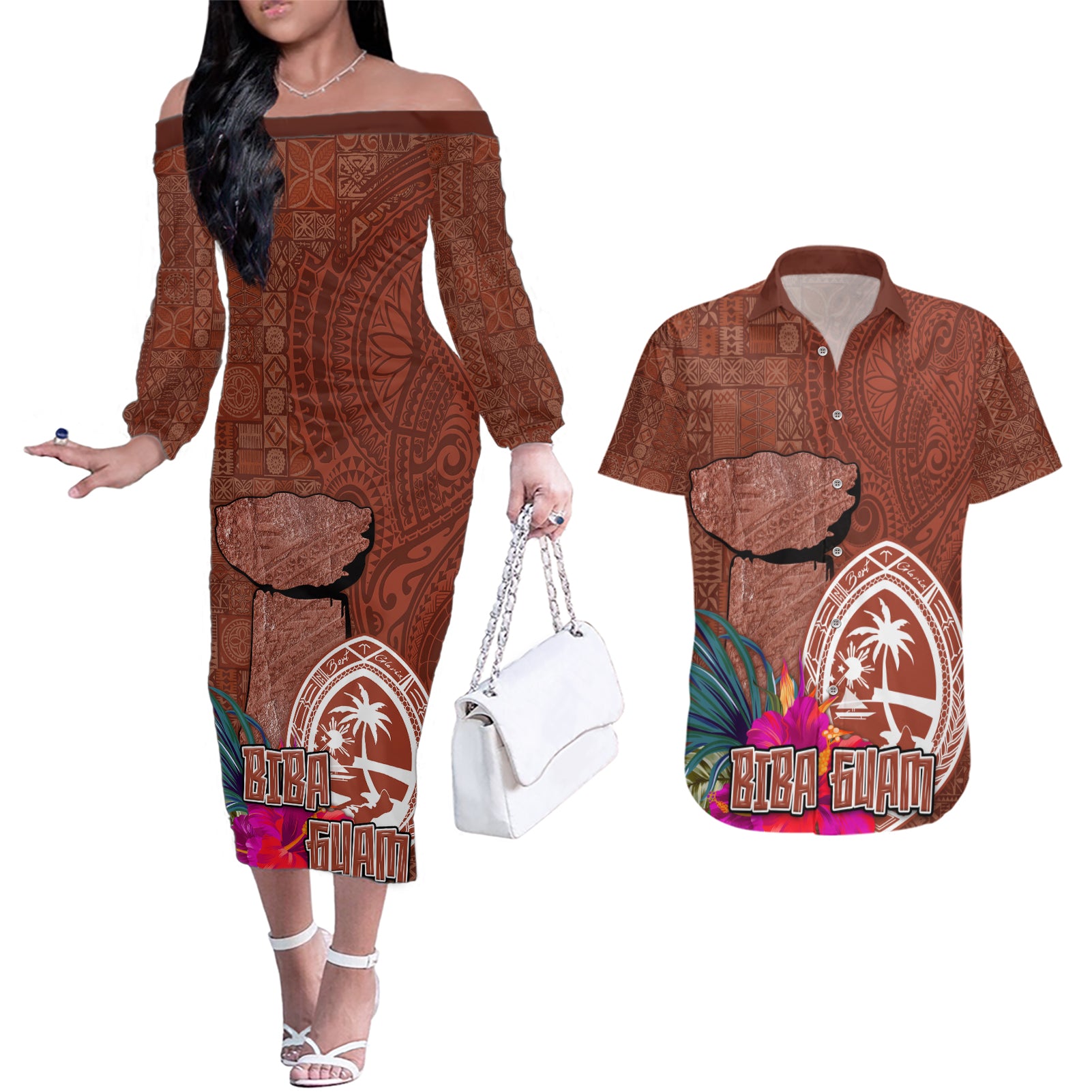 Chamorro Biba Guam Couples Matching Off The Shoulder Long Sleeve Dress and Hawaiian Shirt Latte Stone Tribal and Hibiscus Flower Tapa Pattern