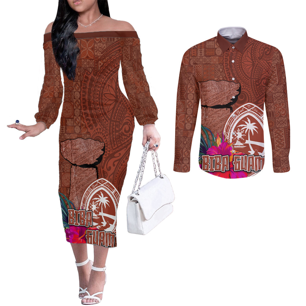 Chamorro Biba Guam Couples Matching Off The Shoulder Long Sleeve Dress and Long Sleeve Button Shirt Latte Stone Tribal and Hibiscus Flower Tapa Pattern