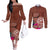 Chamorro Biba Guam Couples Matching Off The Shoulder Long Sleeve Dress and Long Sleeve Button Shirt Latte Stone Tribal and Hibiscus Flower Tapa Pattern