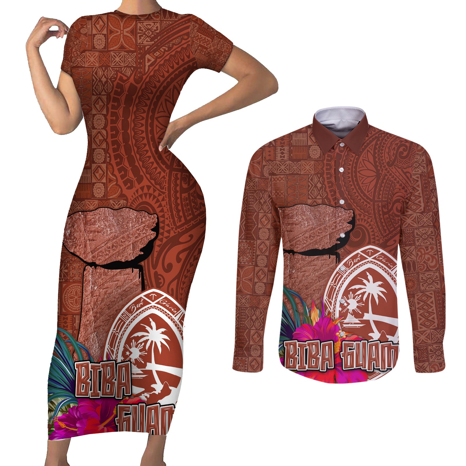 Chamorro Biba Guam Couples Matching Short Sleeve Bodycon Dress and Long Sleeve Button Shirt Latte Stone Tribal and Hibiscus Flower Tapa Pattern