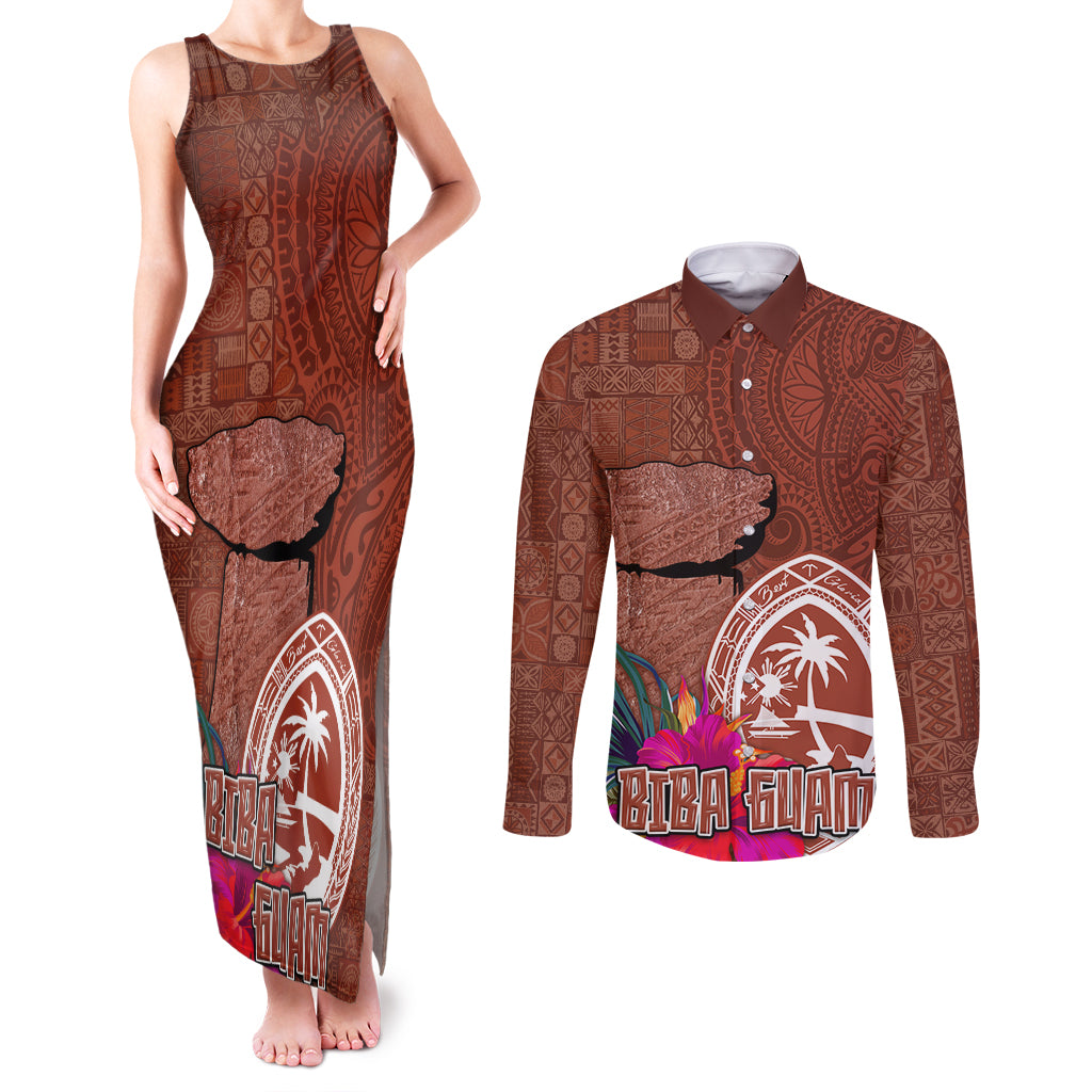 Chamorro Biba Guam Couples Matching Tank Maxi Dress and Long Sleeve Button Shirt Latte Stone Tribal and Hibiscus Flower Tapa Pattern