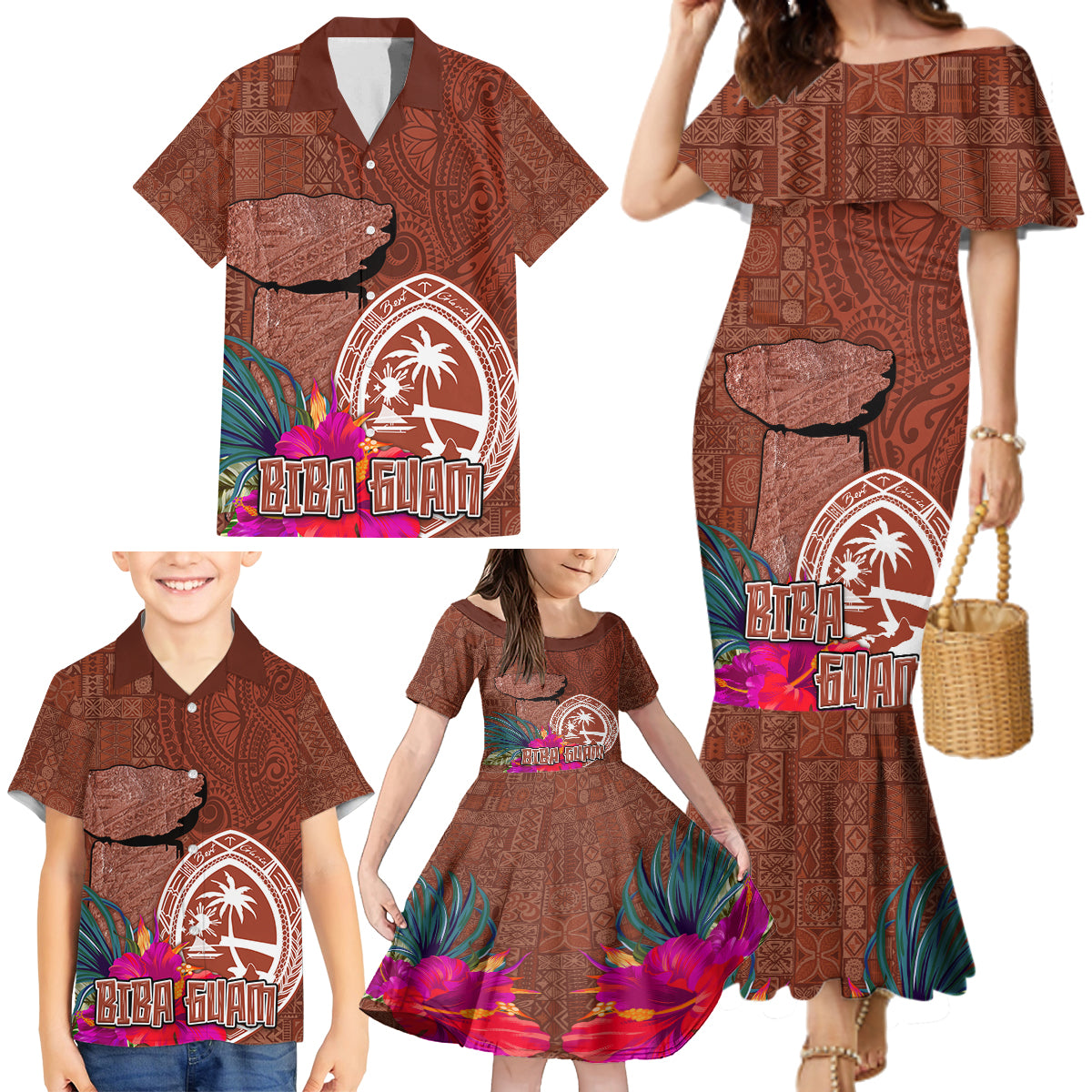 Chamorro Biba Guam Family Matching Mermaid Dress and Hawaiian Shirt Latte Stone Tribal and Hibiscus Flower Tapa Pattern