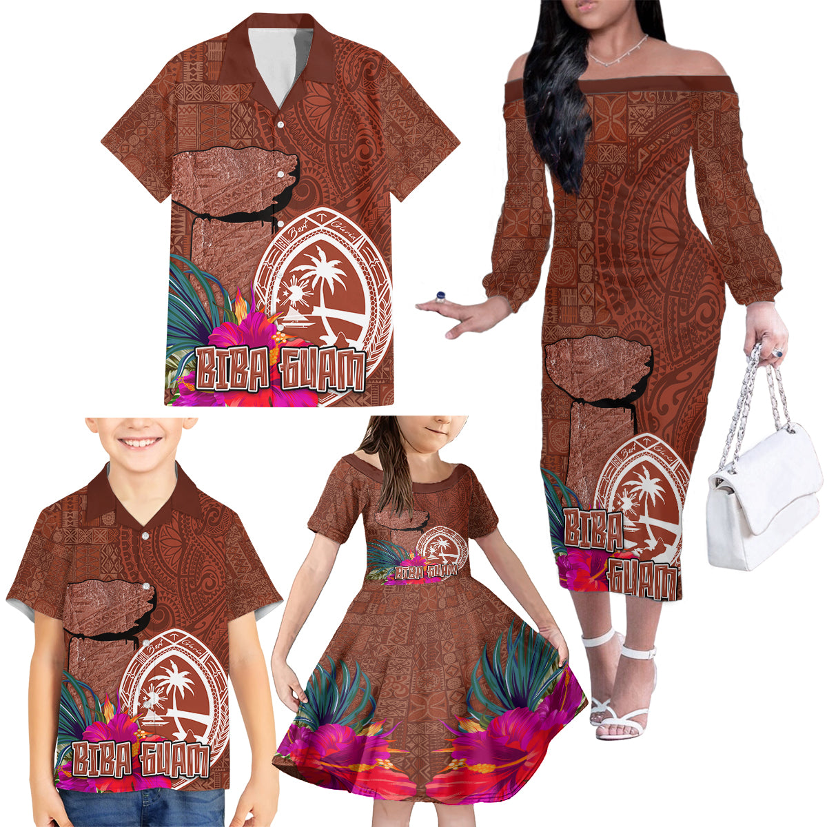 Chamorro Biba Guam Family Matching Off The Shoulder Long Sleeve Dress and Hawaiian Shirt Latte Stone Tribal and Hibiscus Flower Tapa Pattern