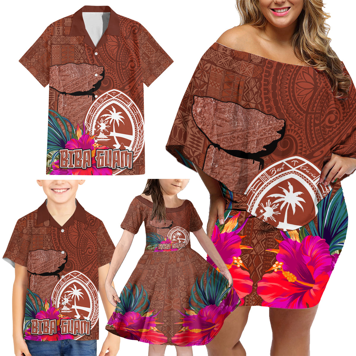 Chamorro Biba Guam Family Matching Off Shoulder Short Dress and Hawaiian Shirt Latte Stone Tribal and Hibiscus Flower Tapa Pattern