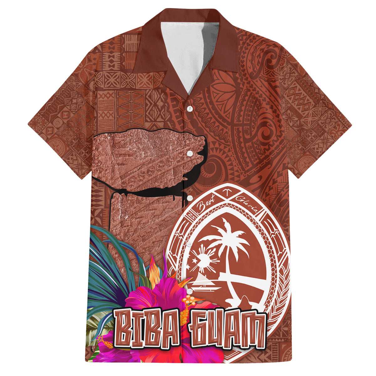 Chamorro Biba Guam Family Matching Puletasi and Hawaiian Shirt Latte Stone Tribal and Hibiscus Flower Tapa Pattern
