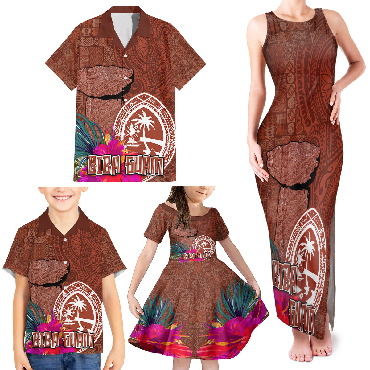 Chamorro Biba Guam Family Matching Tank Maxi Dress and Hawaiian Shirt Latte Stone Tribal and Hibiscus Flower Tapa Pattern