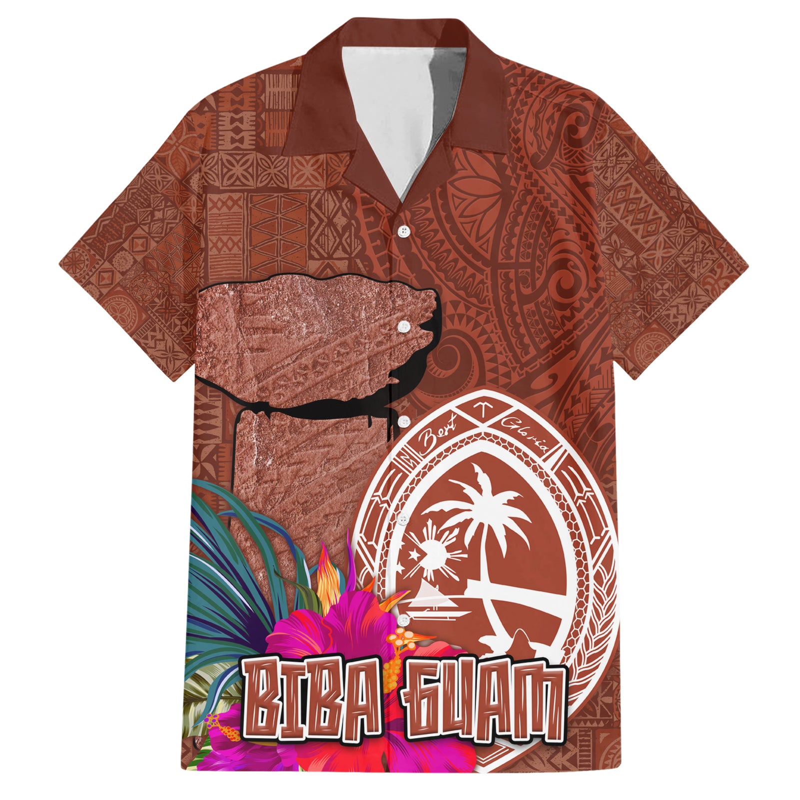 Chamorro Biba Guam Hawaiian Shirt Latte Stone Tribal and Hibiscus Flower Tapa Pattern