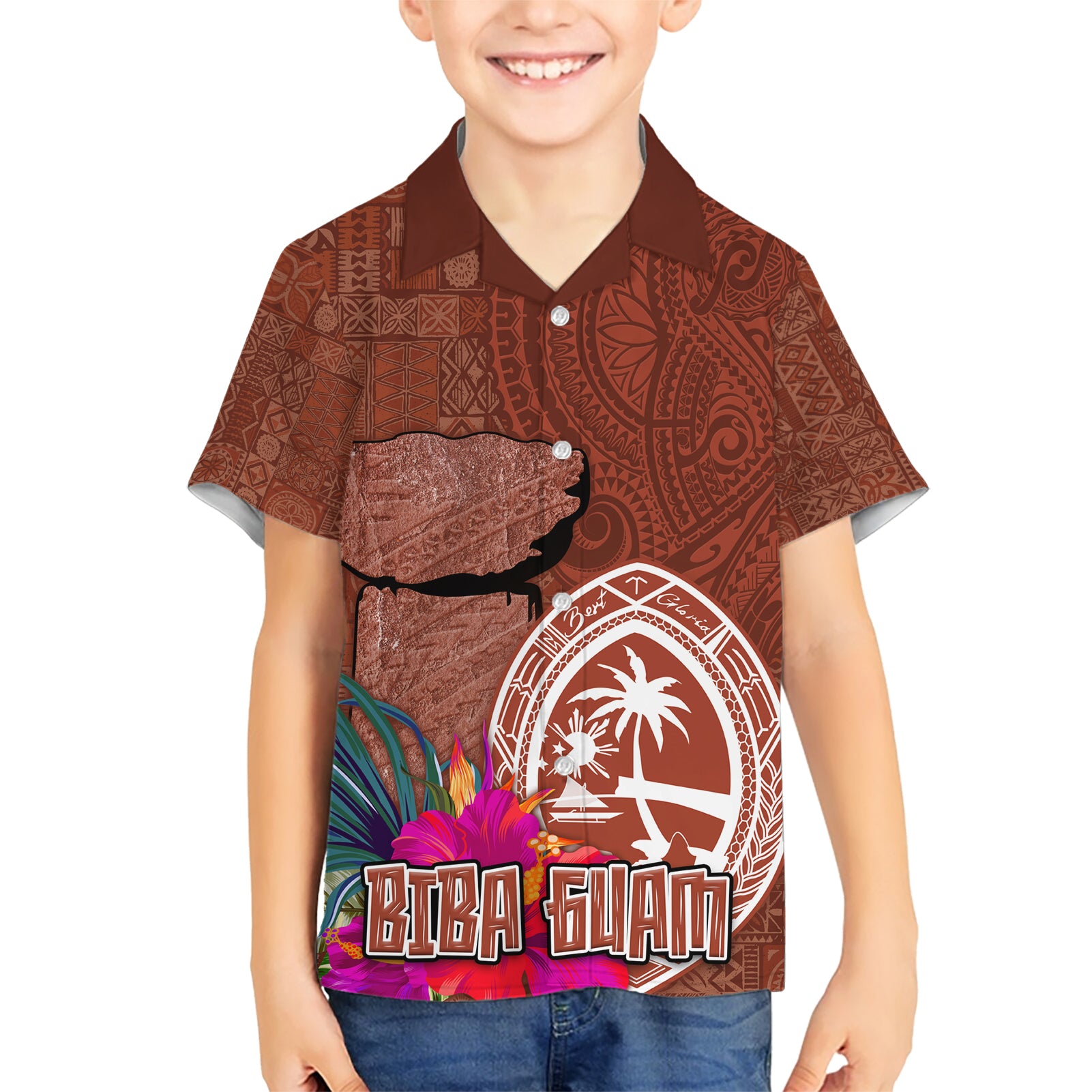 Chamorro Biba Guam Kid Hawaiian Shirt Latte Stone Tribal and Hibiscus Flower Tapa Pattern