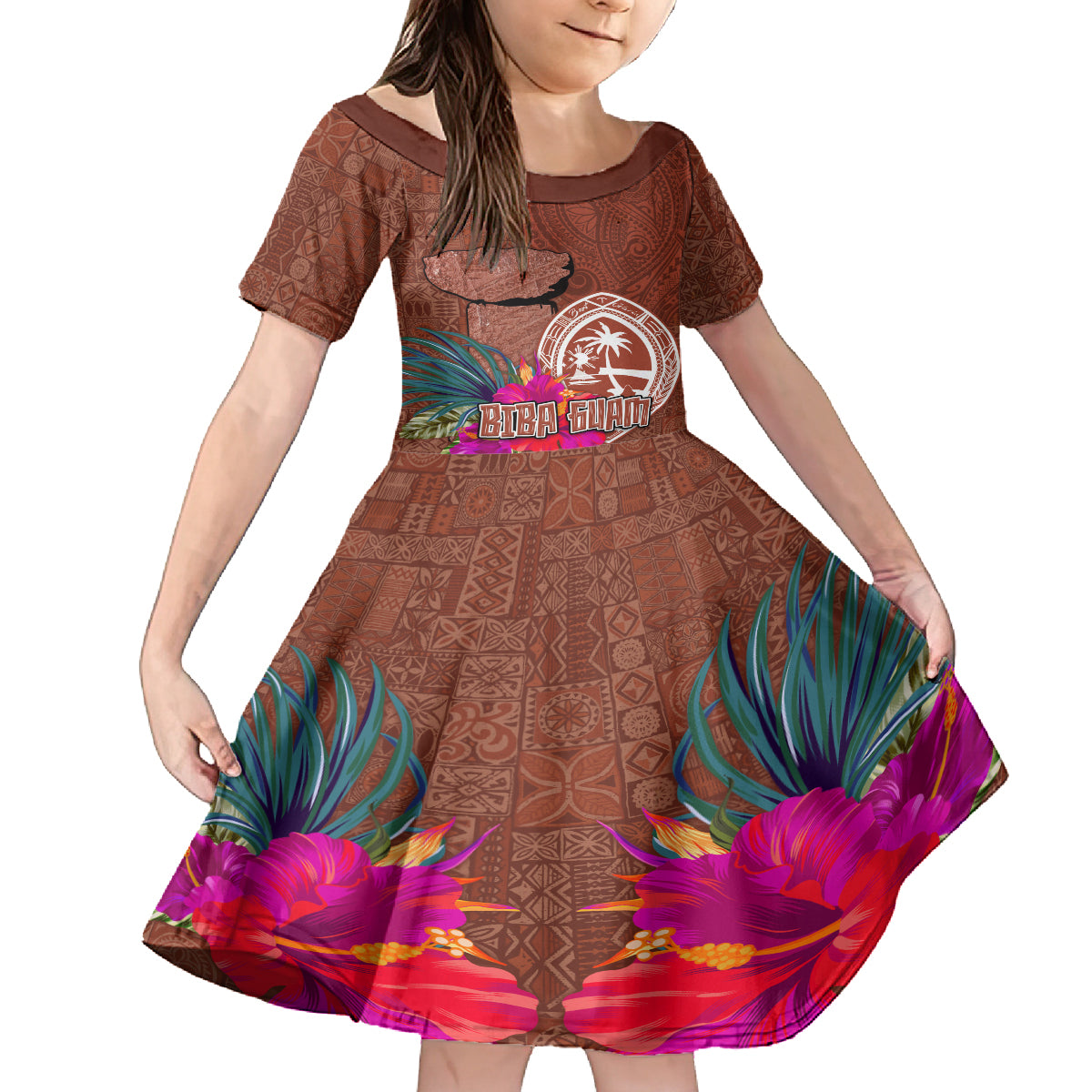 Chamorro Biba Guam Kid Short Sleeve Dress Latte Stone Tribal and Hibiscus Flower Tapa Pattern