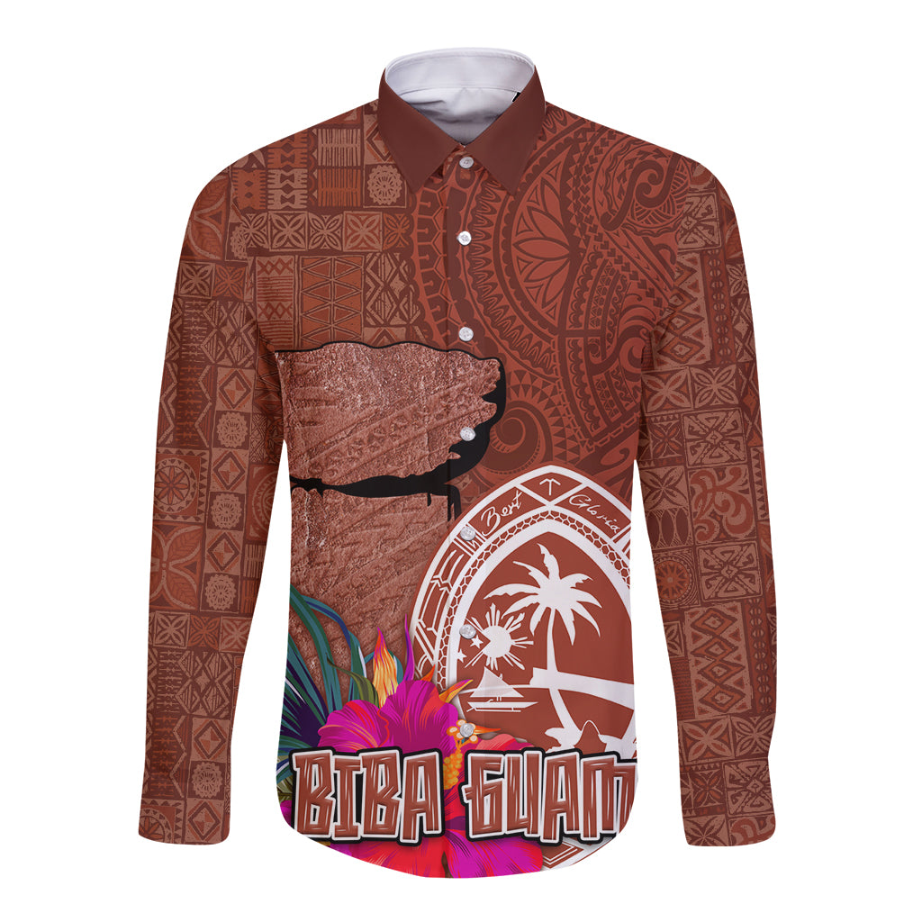 Chamorro Biba Guam Long Sleeve Button Shirt Latte Stone Tribal and Hibiscus Flower Tapa Pattern