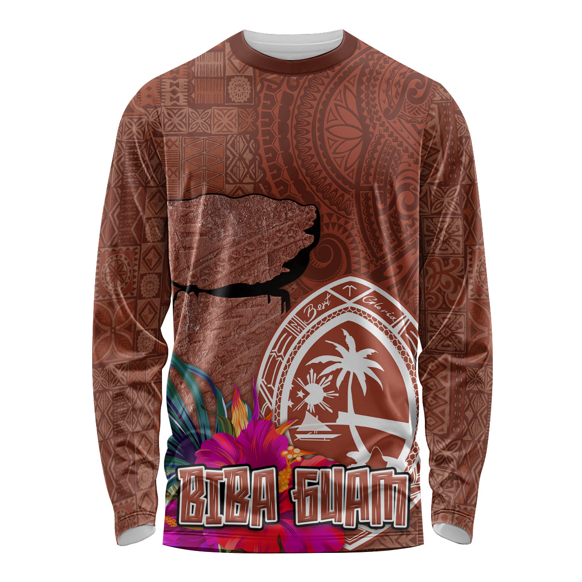 Chamorro Biba Guam Long Sleeve Shirt Latte Stone Tribal and Hibiscus Flower Tapa Pattern