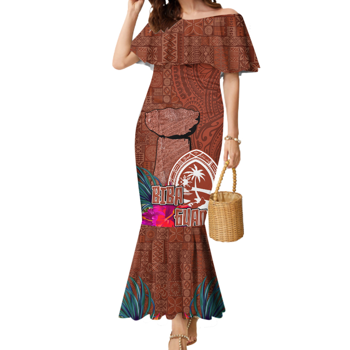 Chamorro Biba Guam Mermaid Dress Latte Stone Tribal and Hibiscus Flower Tapa Pattern