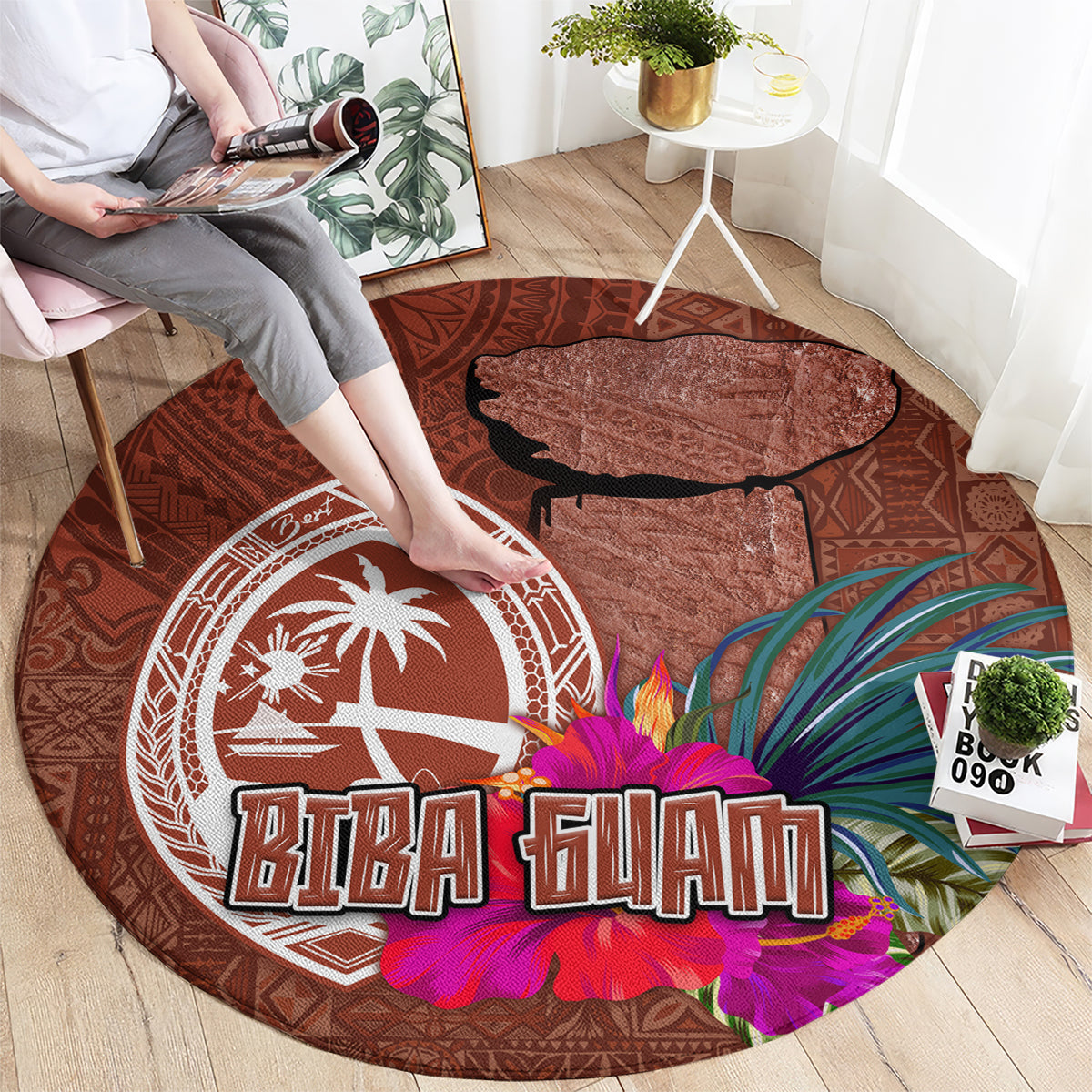 Chamorro Biba Guam Round Carpet Latte Stone Tribal and Hibiscus Flower Tapa Pattern