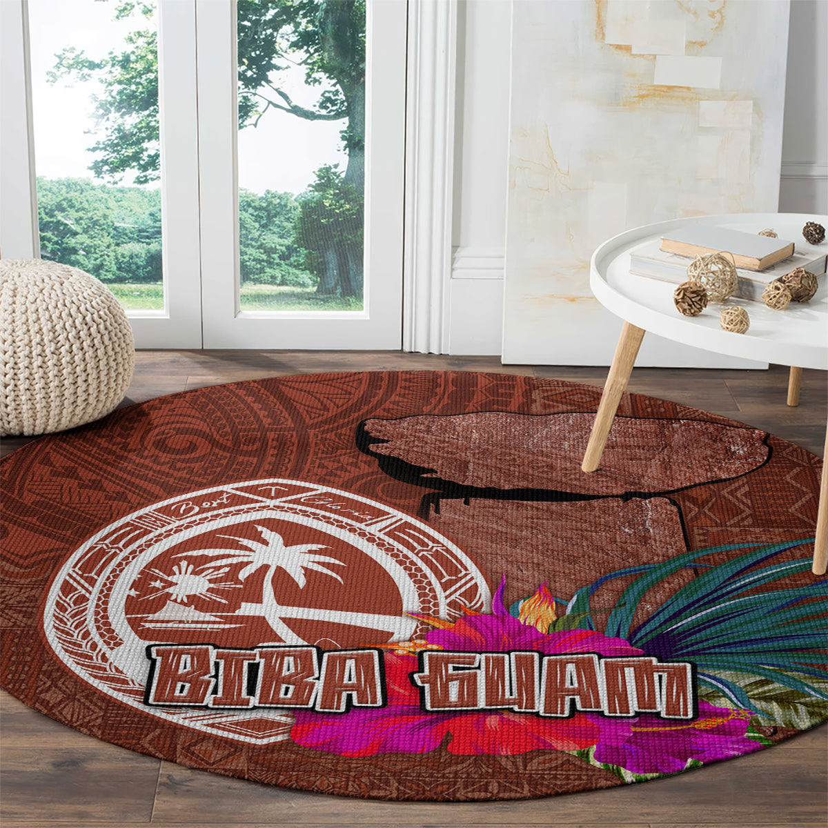 Chamorro Biba Guam Round Carpet Latte Stone Tribal and Hibiscus Flower Tapa Pattern