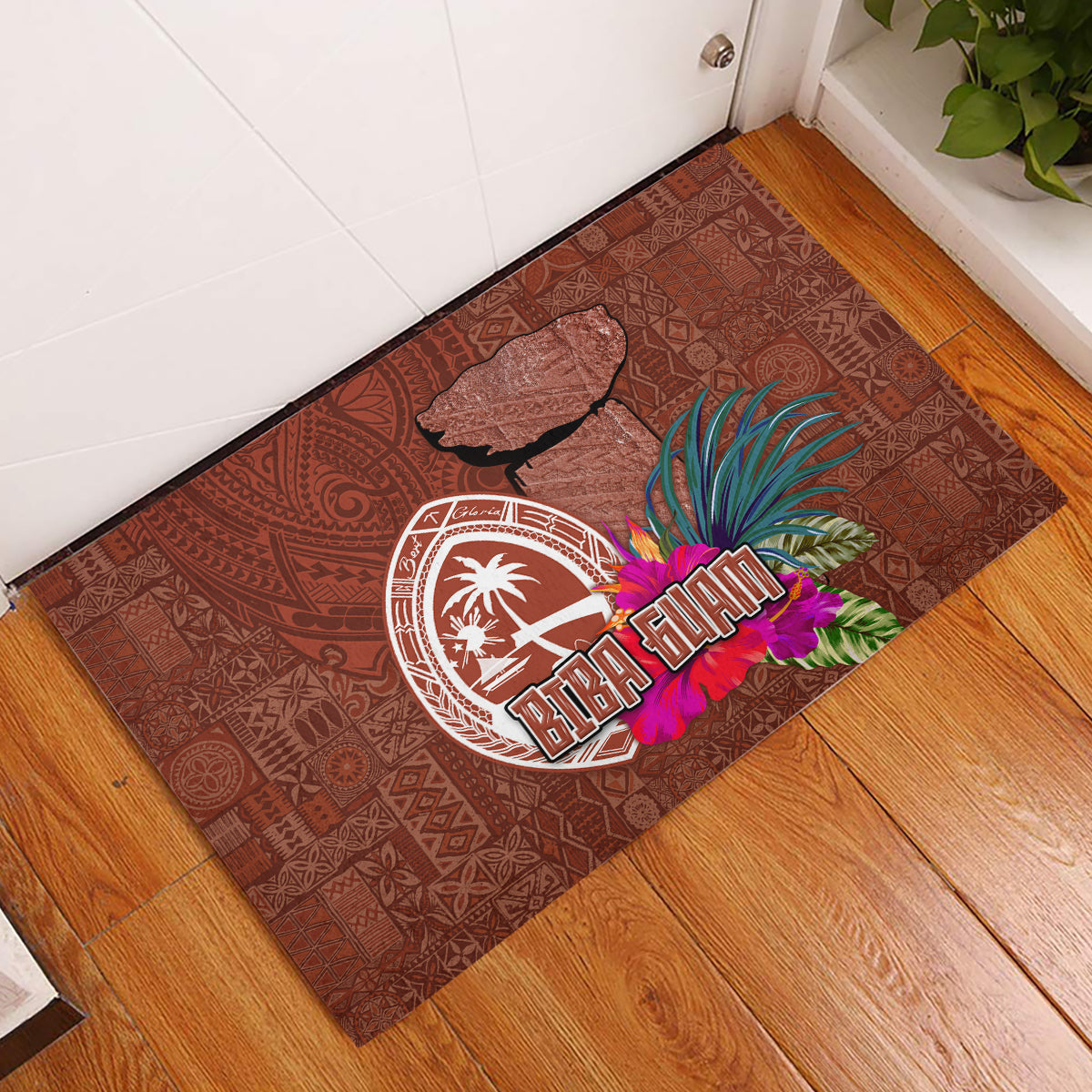 Chamorro Biba Guam Rubber Doormat Latte Stone Tribal and Hibiscus Flower Tapa Pattern