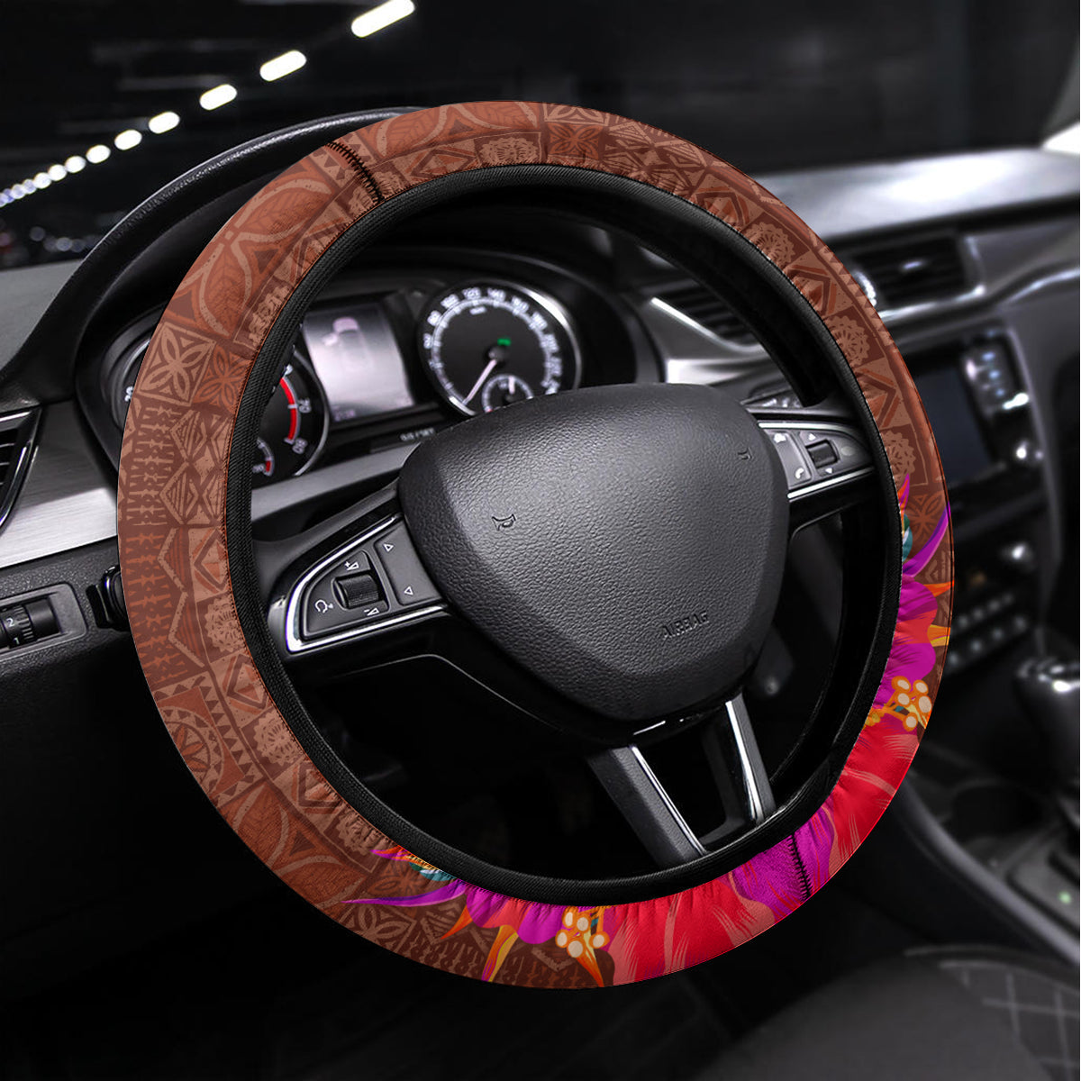 Chamorro Biba Guam Steering Wheel Cover Latte Stone Tribal and Hibiscus Flower Tapa Pattern