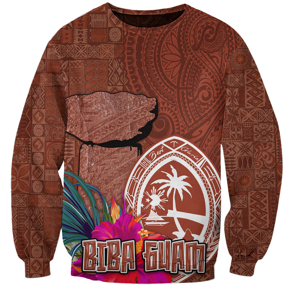 Chamorro Biba Guam Sweatshirt Latte Stone Tribal and Hibiscus Flower Tapa Pattern