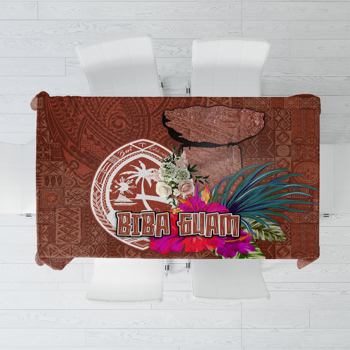 Chamorro Biba Guam Tablecloth Latte Stone Tribal and Hibiscus Flower Tapa Pattern