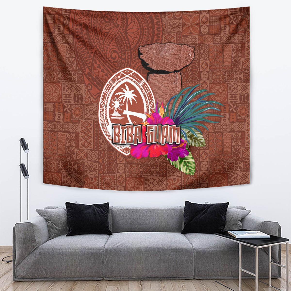 Chamorro Biba Guam Tapestry Latte Stone Tribal and Hibiscus Flower Tapa Pattern