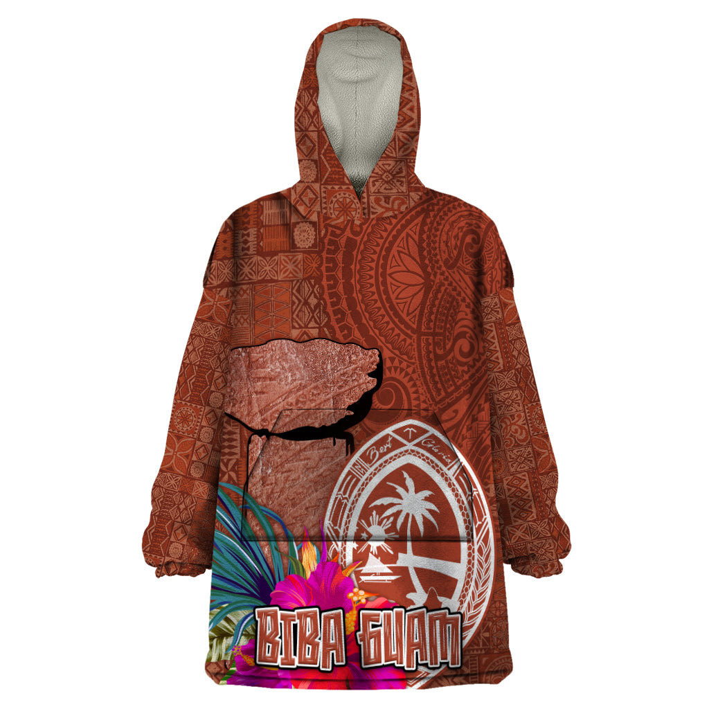 Chamorro Biba Guam Wearable Blanket Hoodie Latte Stone Tribal and Hibiscus Flower Tapa Pattern