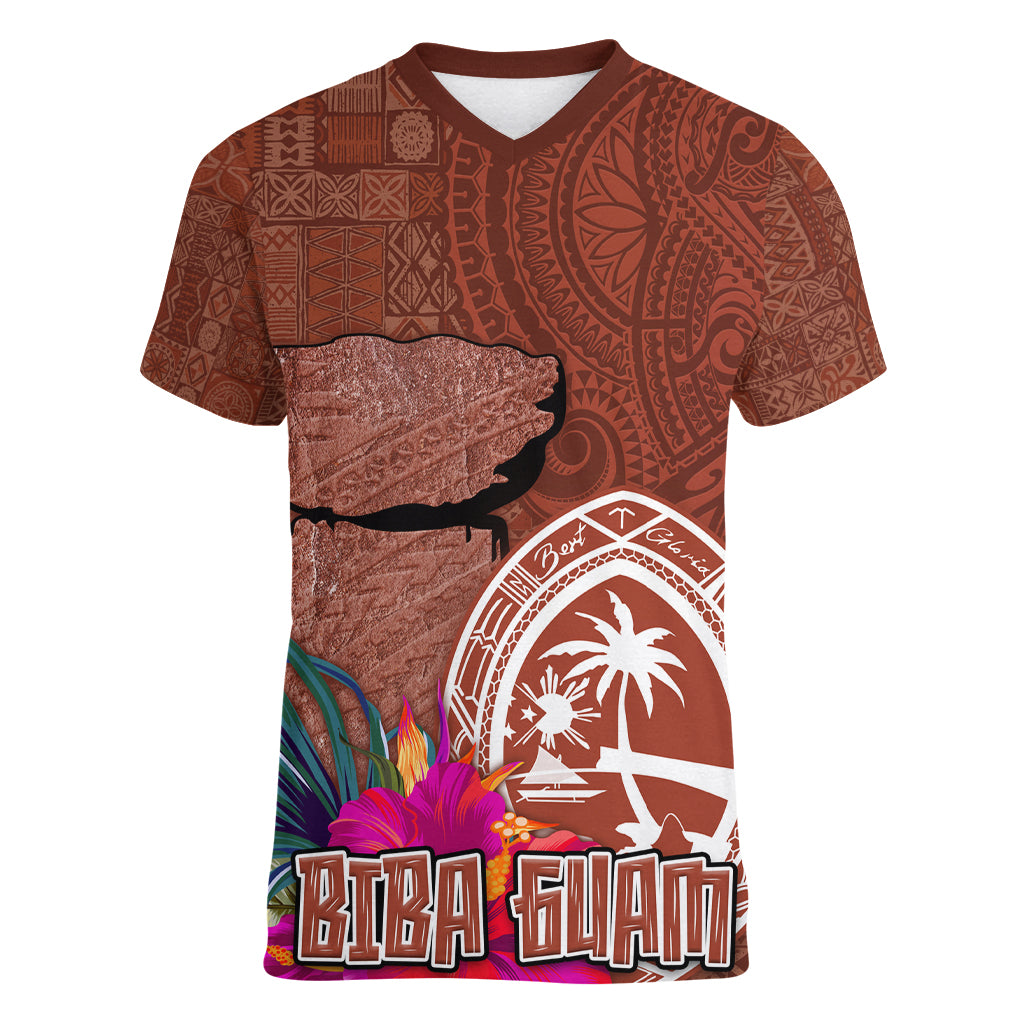 Chamorro Biba Guam Women V-Neck T-Shirt Latte Stone Tribal and Hibiscus Flower Tapa Pattern