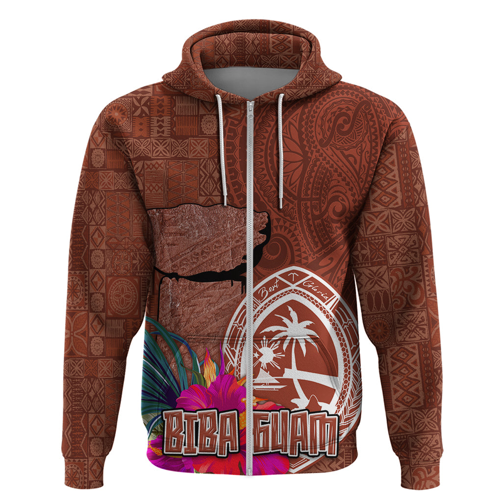 Chamorro Biba Guam Zip Hoodie Latte Stone Tribal and Hibiscus Flower Tapa Pattern