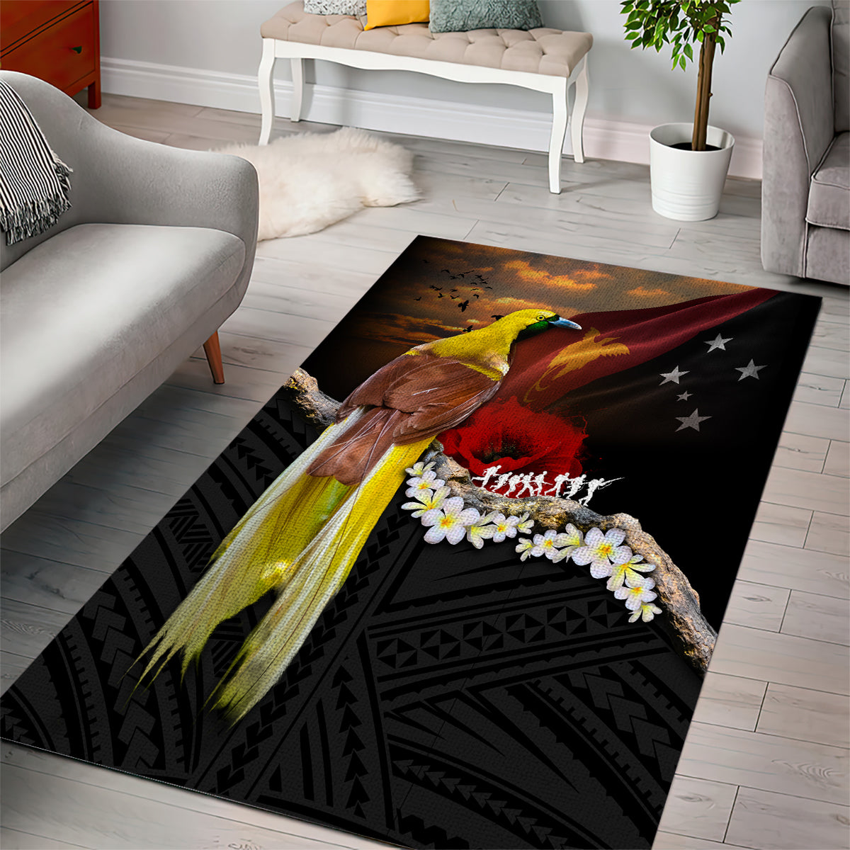Papua New Guinea Remembrance Day Area Rug Bird of Paradise Plumeria Flower and Polynesian Pattern