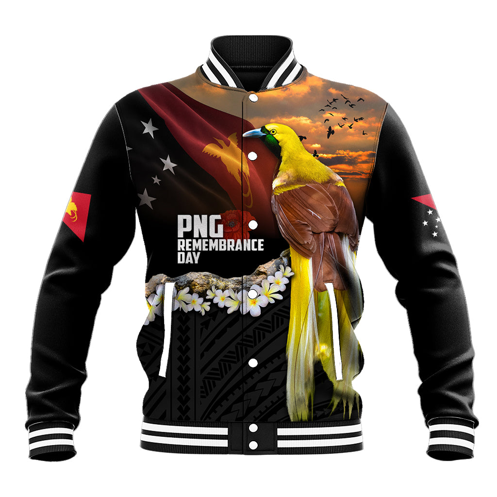 Papua New Guinea Remembrance Day Baseball Jacket Bird of Paradise Plumeria Flower and Polynesian Pattern LT03 Unisex Black - Polynesian Pride