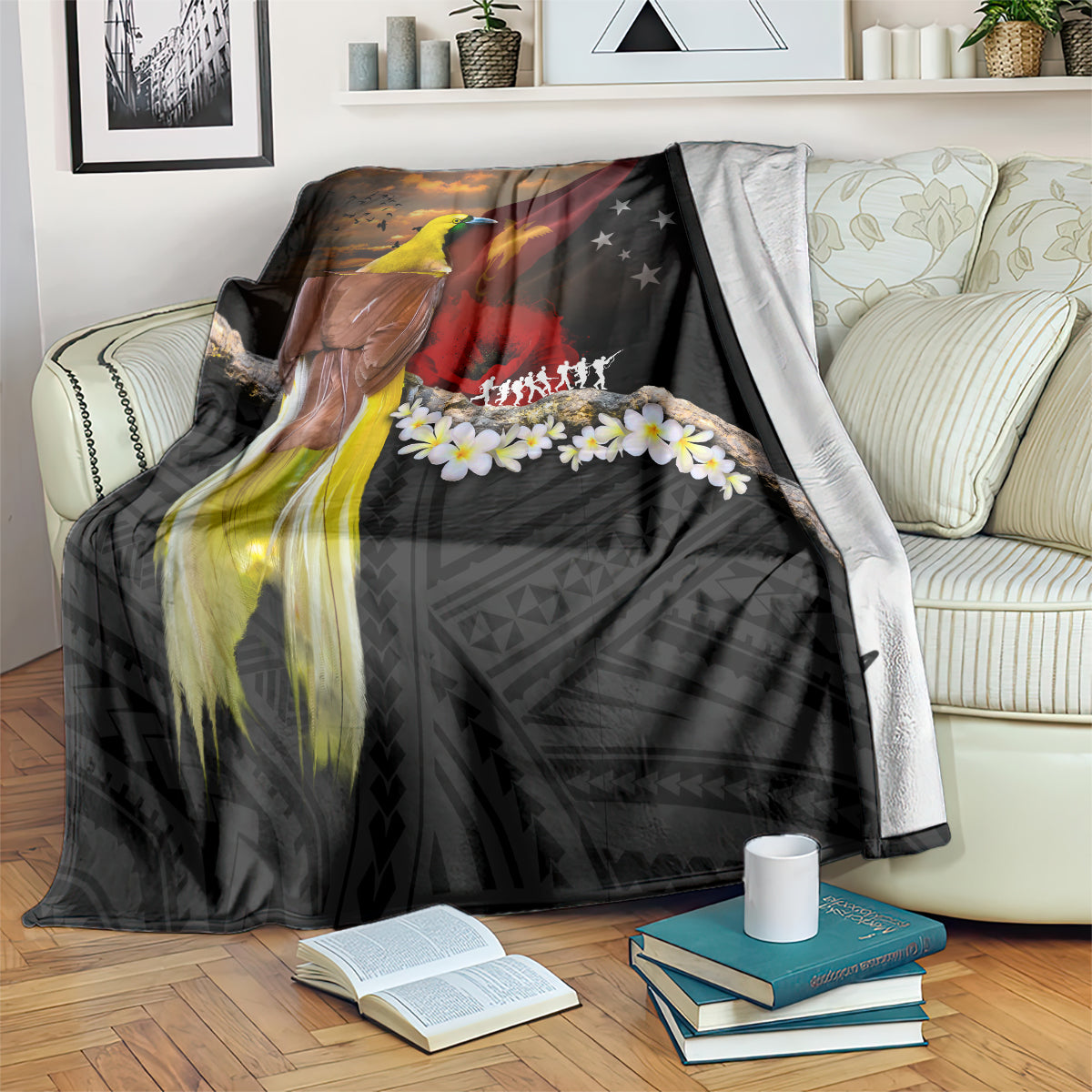 Papua New Guinea Remembrance Day Blanket Bird of Paradise Plumeria Flower and Polynesian Pattern LT03 Black - Polynesian Pride