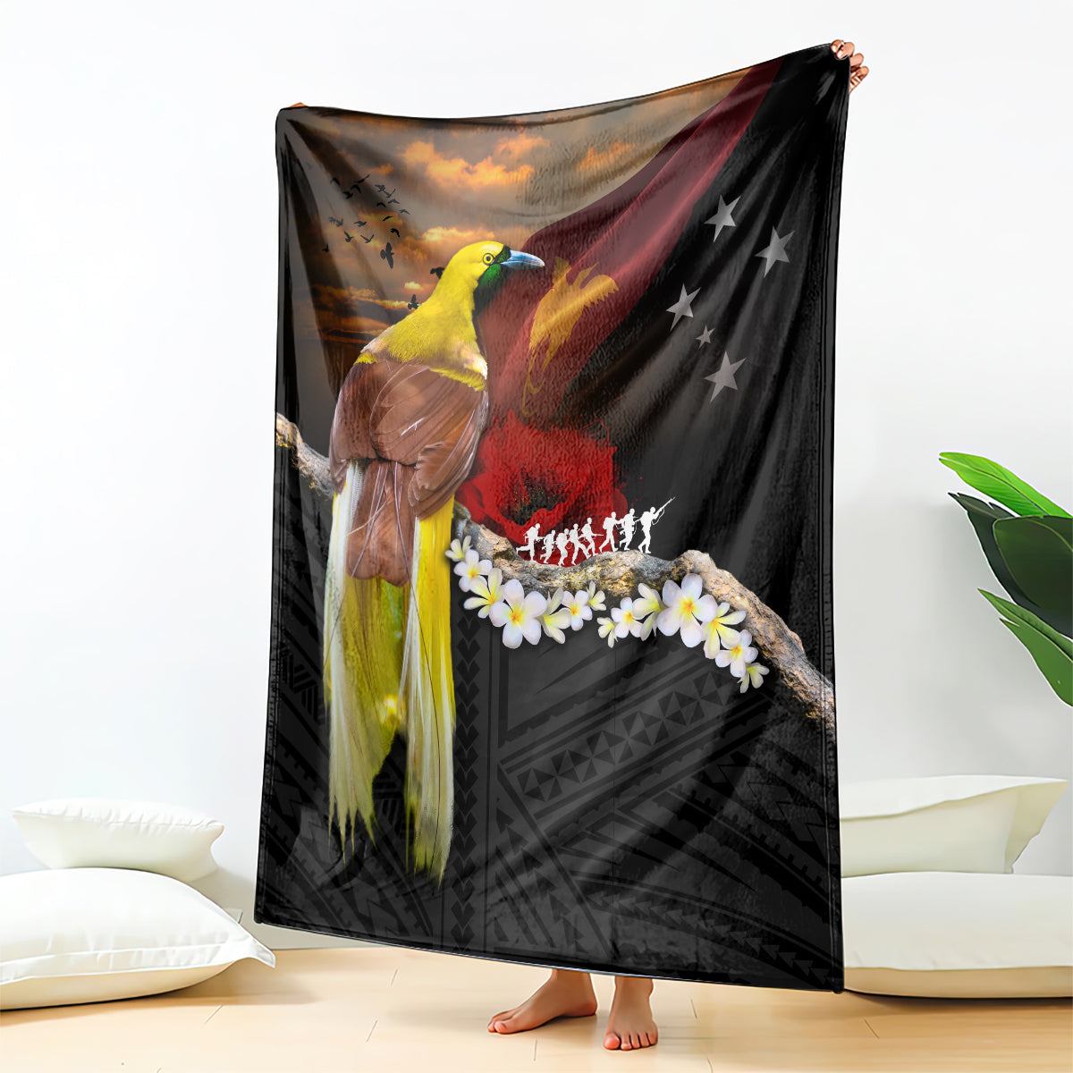 Papua New Guinea Remembrance Day Blanket Bird of Paradise Plumeria Flower and Polynesian Pattern LT03 - Polynesian Pride