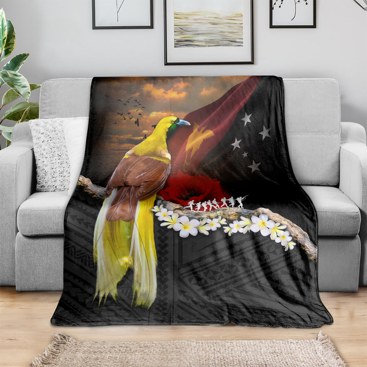 Papua New Guinea Remembrance Day Blanket Bird of Paradise Plumeria Flower and Polynesian Pattern LT03 - Polynesian Pride