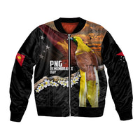 Papua New Guinea Remembrance Day Bomber Jacket Bird of Paradise Plumeria Flower and Polynesian Pattern LT03 Unisex Black - Polynesian Pride