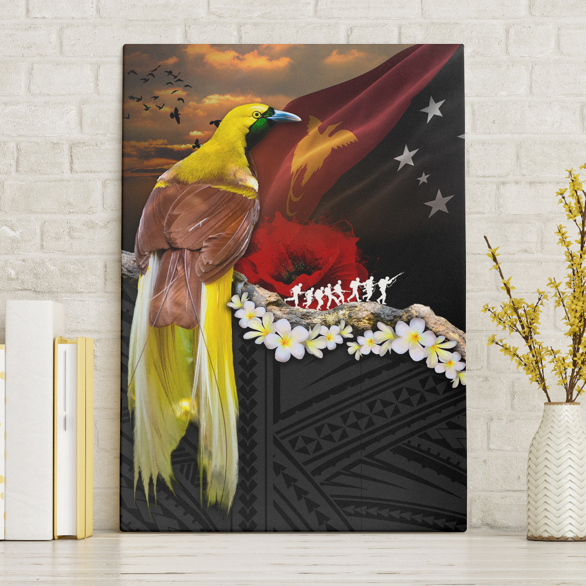 Papua New Guinea Remembrance Day Canvas Wall Art Bird of Paradise Plumeria Flower and Polynesian Pattern LT03 Without Frame Black - Polynesian Pride